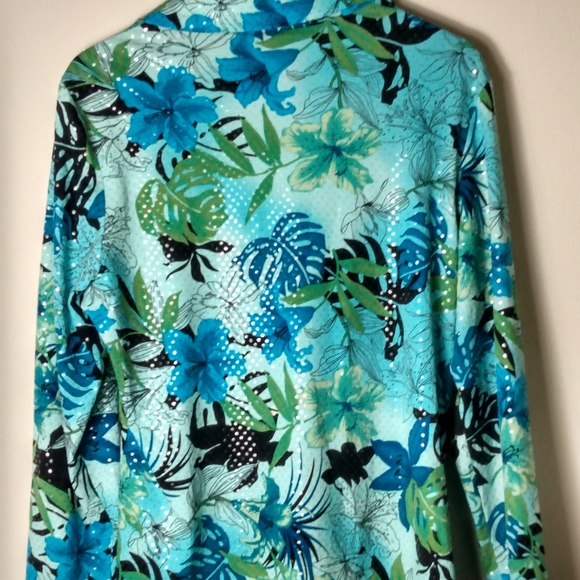 Morgan Cole M Turquoise Lime Zip Front Stretch Top - Picture 2 of 4